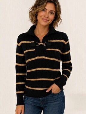 Lauren Ralph Lauren Black Gold Metallic Stripe Sweater Large